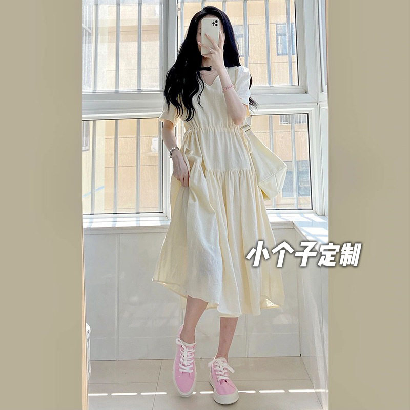 150小矮个子法式温柔连衣裙女145收腰a字中长款v领抽绳xs显高