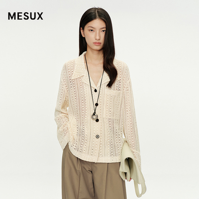 MESUX米岫春镂空织纹古巴领宽松蕾丝感长袖衬衫上衣MNFUC407