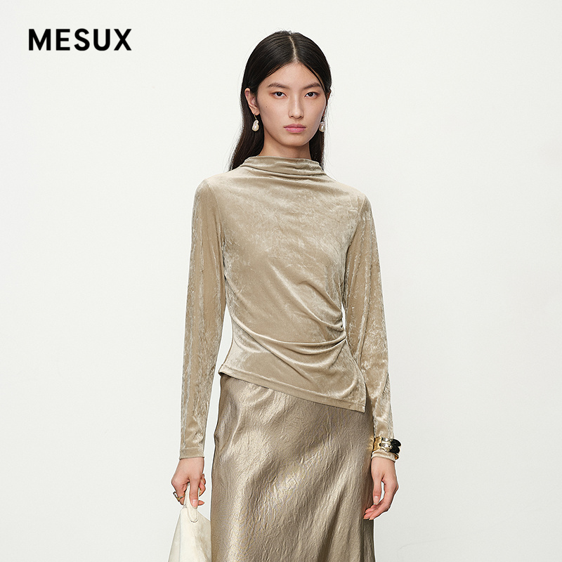 MESUX米岫25新品长袖T恤三醋酯捏褶收腰修身打底衫上衣MNSUD505