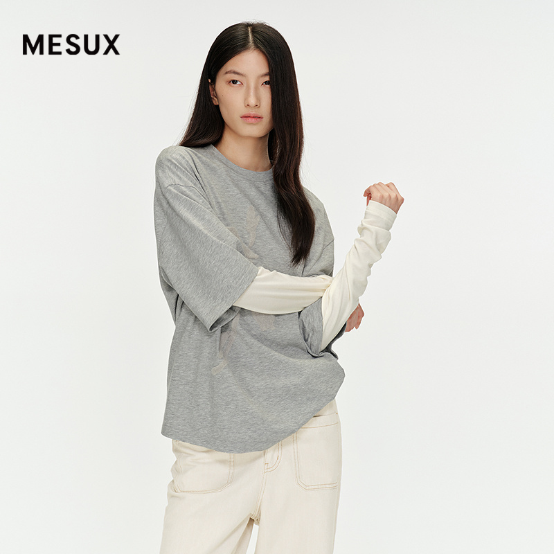 MESUX米岫25秋桑蚕丝棉混纺做旧印花宽松H型短袖上衣T恤MNFUB301