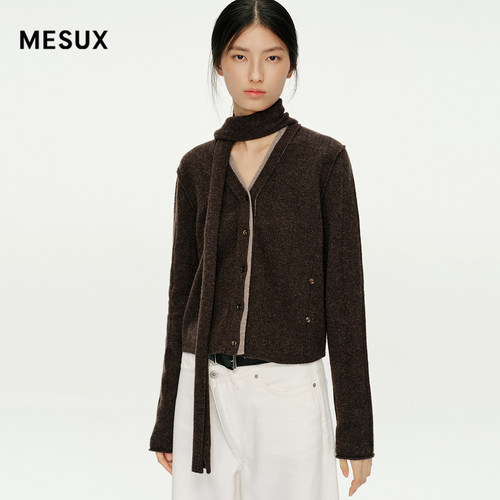 MESUX米岫25冬2/26NM美丽诺羊毛飘带V领撞色设计毛衣开衫MNWUE506