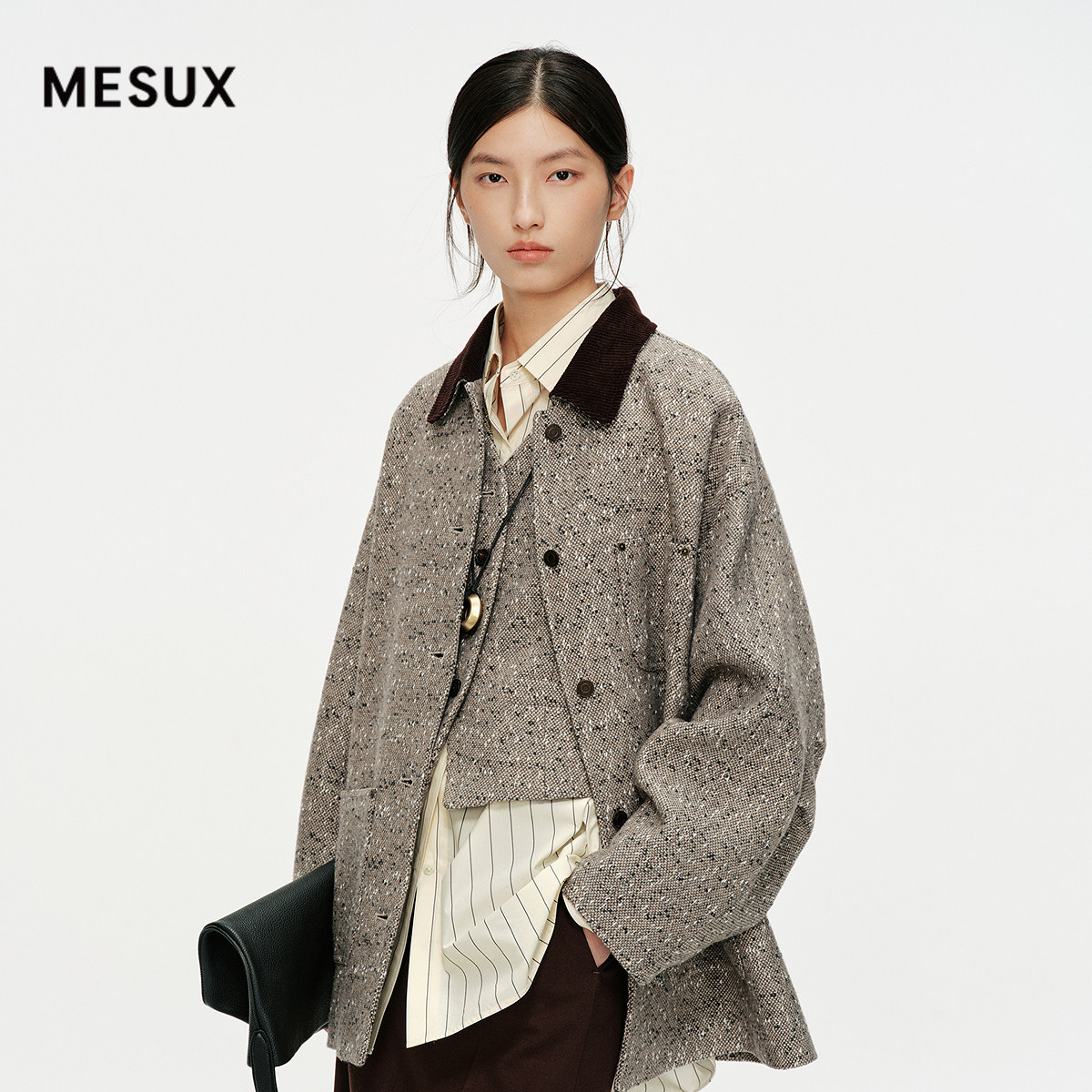 MESUX米岫25冬迪木尔风复古松弛老钱风中长款毛呢外套MNWU