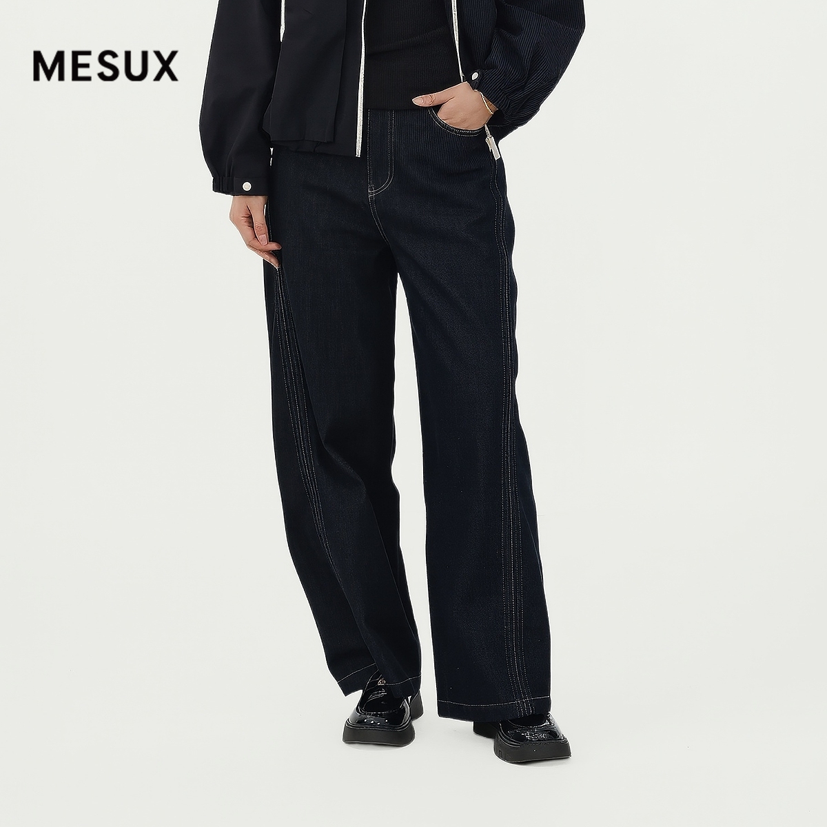 MESUX米岫25秋迪木尔风高腰慵懒风镰刀阔腿裤弯刀牛仔裤MNFPR405
