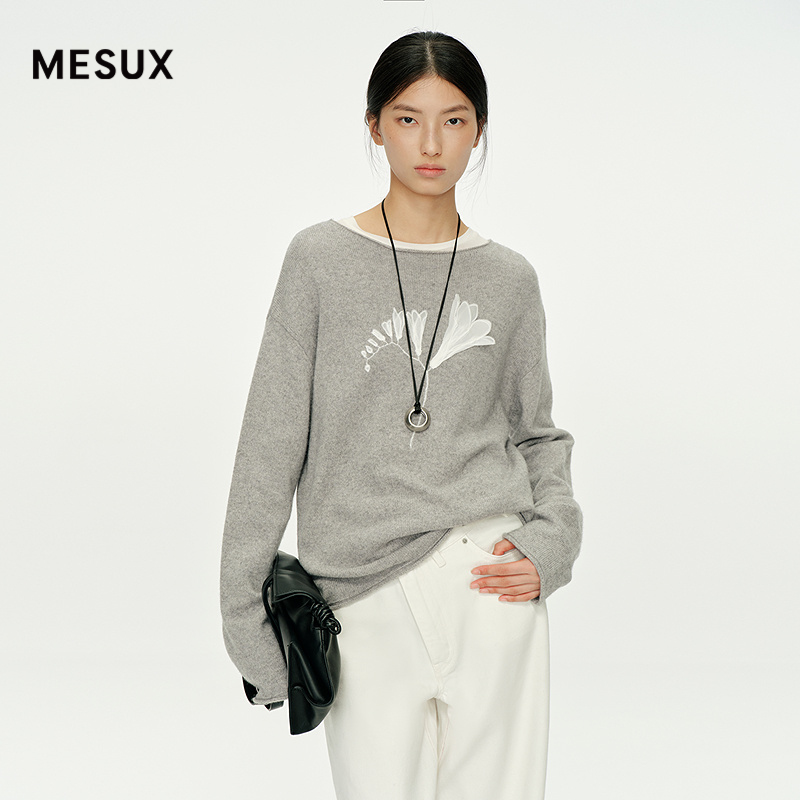 MESUX米岫25冬精纺牦牛绒羊毛混纺重工立体绣花圆领毛衣MNWUE420