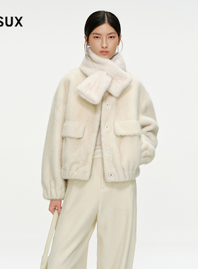 MESUX米岫25冬毛绒外套蓬松环保可拆卸围巾短毛呢外套MNWUH612
