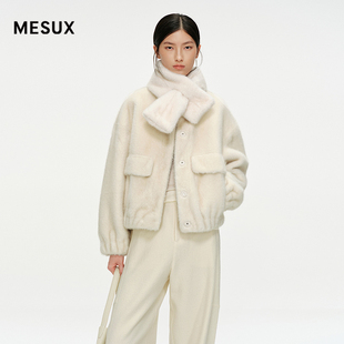 MESUX米岫25冬毛绒外套蓬松环保可拆卸围巾短毛呢外套MNWUH612