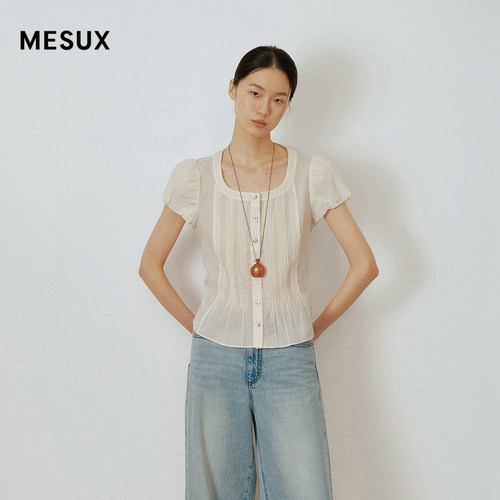 MESUX米岫26夏盐岸漫游U领法式袖手工塔克褶长绒棉衬衫MOMUC201