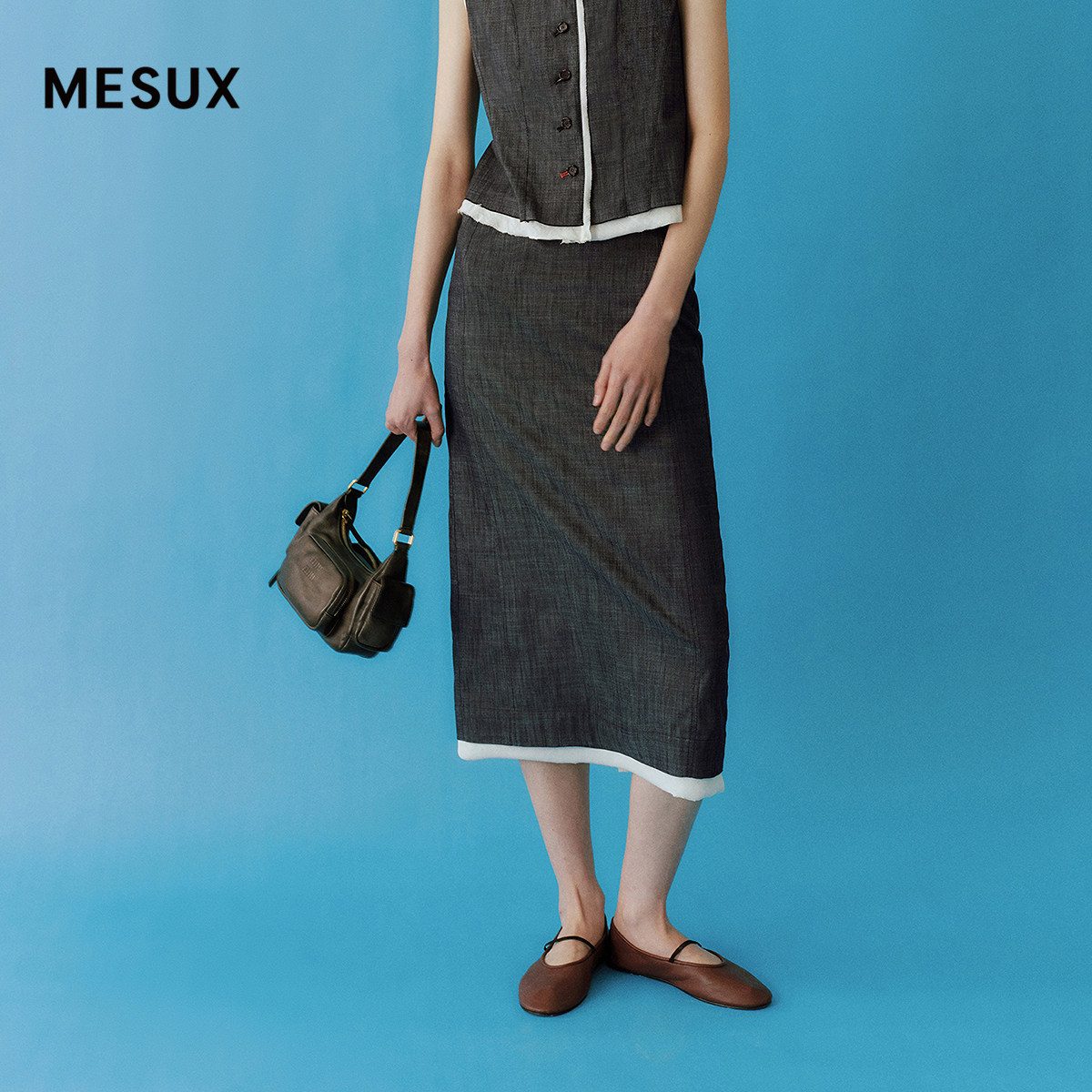 MESUX米岫26夏盐岸漫游日本进口面料拼色假2件直身半裙MOMUS438