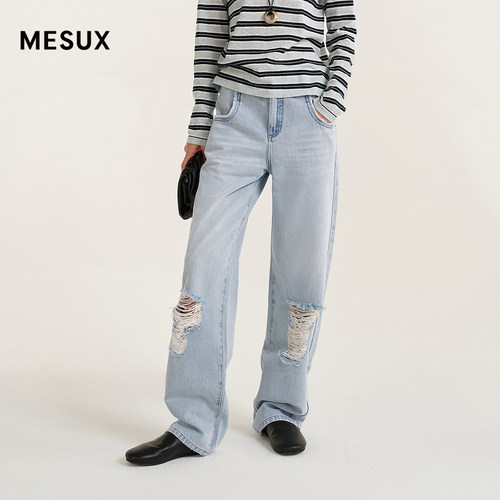 MESUX米岫26夏粗斜纹全棉牛仔手工破洞毛边直筒牛仔裤MOMUR407