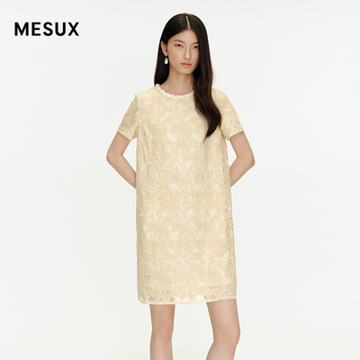 MESUX米岫春夏小香风蕾丝刺绣经典直身修身短袖连衣裙MNFUO403