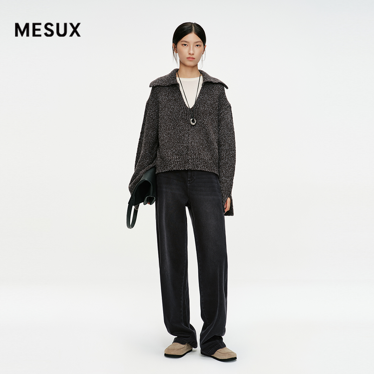 MESUX米岫25冬复古高腰松紧腰阔腿香蕉裤针织周末牛仔裤MNWUR412