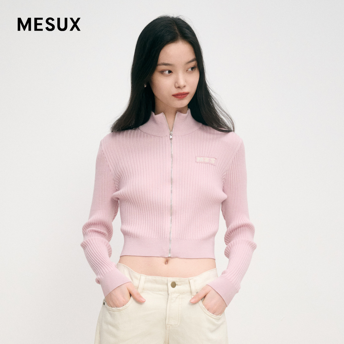 MESUX米岫新品女绵羊毛修身短款拉链开衫MMWUE510