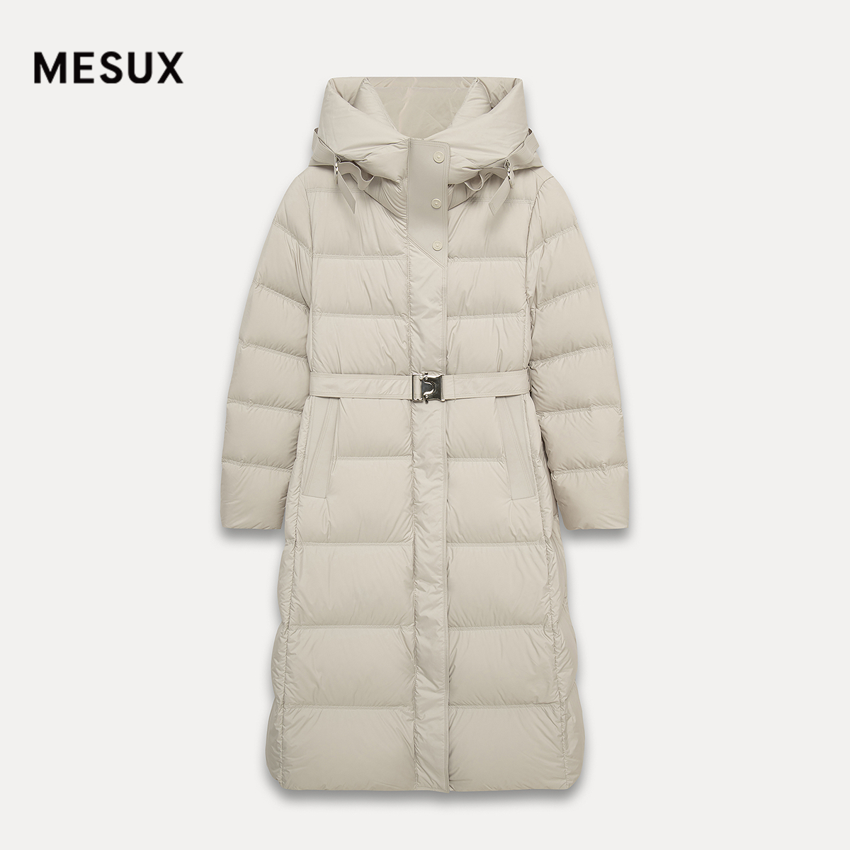 MESUX米岫25冬白鸭绒高蓬松轻暖宽松收腰连帽长款羽绒服MNWSL401