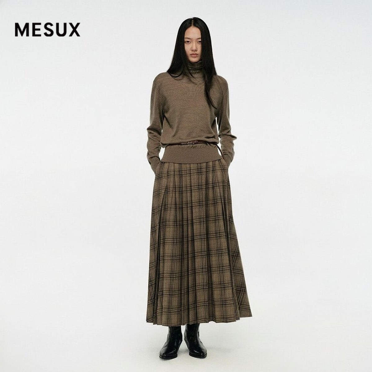 MESUX米岫复古游牧风威尔士格百褶格纹通勤休闲长半裙MNWUS