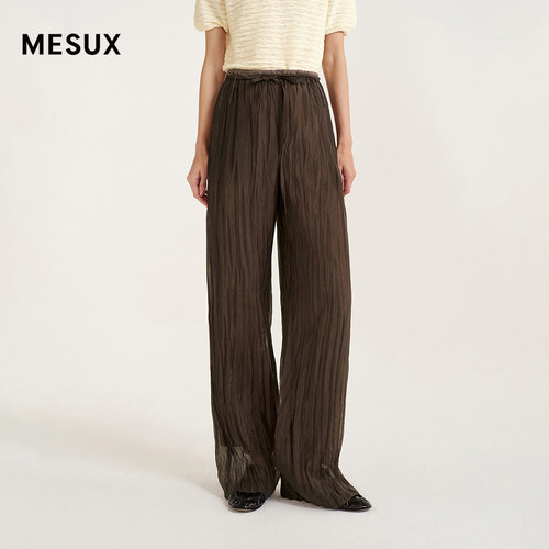 MESUX米岫26夏仿欧根纱压褶面料 层次感双腰直筒阔腿裤MOMUQ405