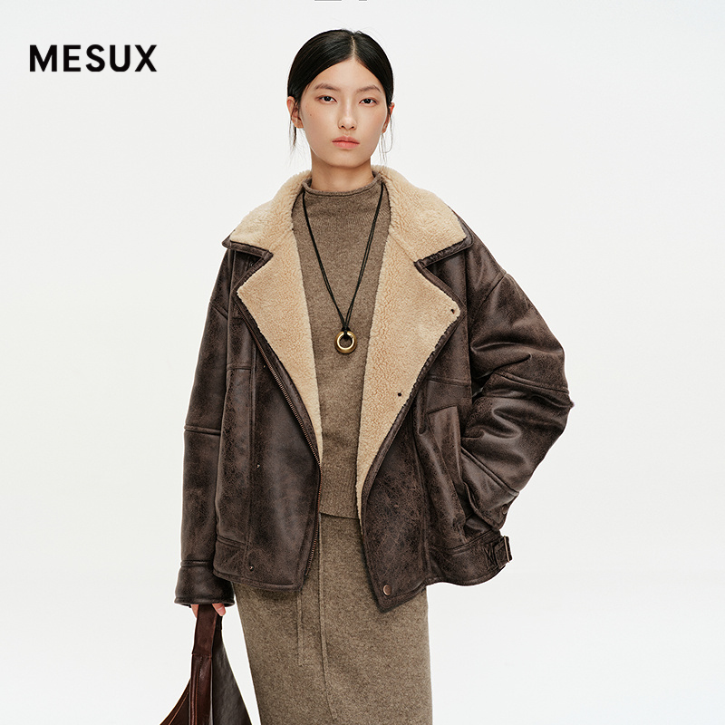 MESUX米岫25冬简约复古时髦慵懒风仿毛皮翻领防风外套女MNWUH613