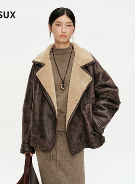 MESUX米岫25冬简约复古时髦慵懒风仿毛皮翻领防风外套女MNWUH613