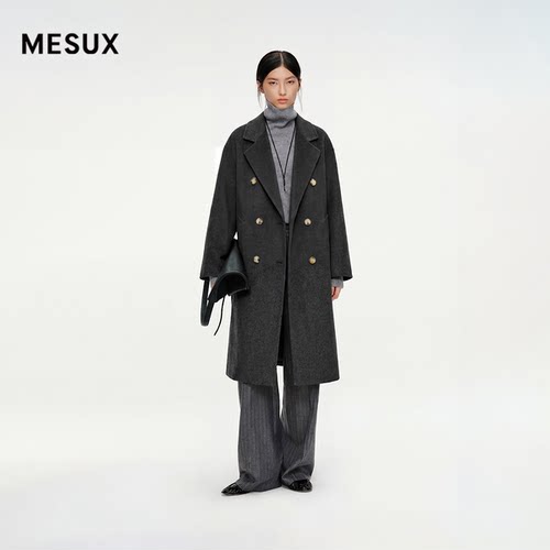 MESUX米岫25冬迪木尔风双面呢戗驳领落肩长款毛呢大衣MNWPI302