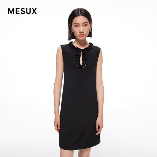 MESUX米岫夏新品女高定桑蚕丝重工花边黑色连衣裙MMMUO324