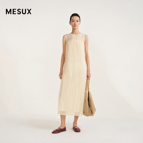 MESUX米岫26夏微光泽感仿欧根纱拼接系带褶皱连衣裙MOMUO313