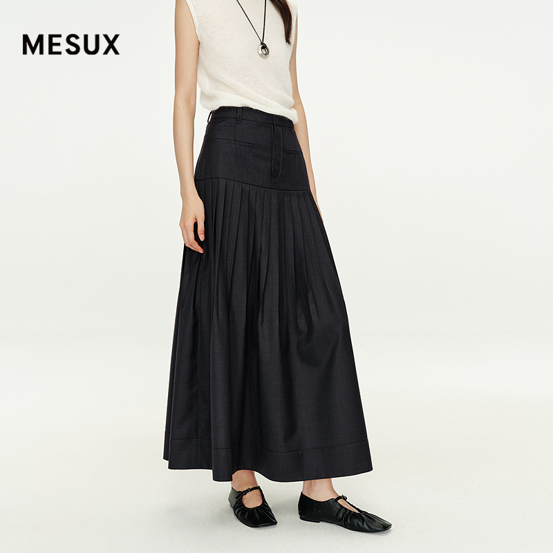 MESUX米岫25秋含绵羊毛纯色压褶A字伞裙通勤腰长裙半身裙MNFUS412