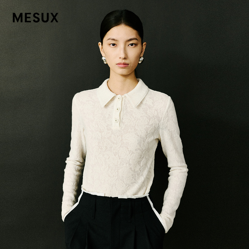 MESUX米岫新品绵羊毛提花polo领长袖短款针织衫上衣MMWUD504