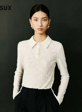 MESUX米岫新品绵羊毛提花polo领长袖短款针织衫上衣MMWUD504