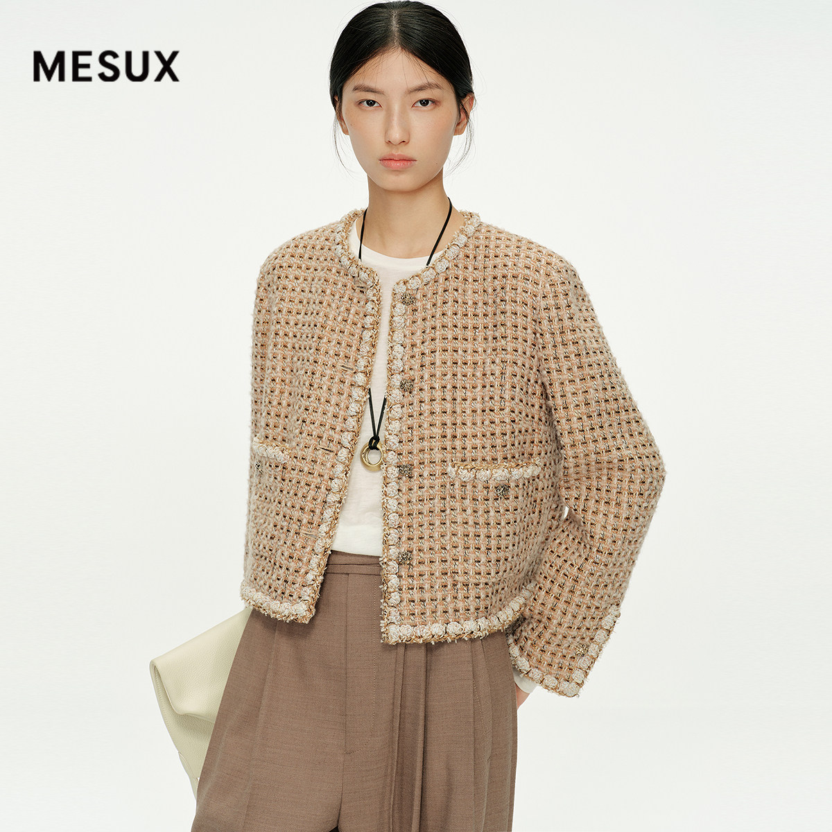 MESUX米岫26冬绵羊毛混纺亮丝格纹微宽松小香风短款外套MNWUH104
