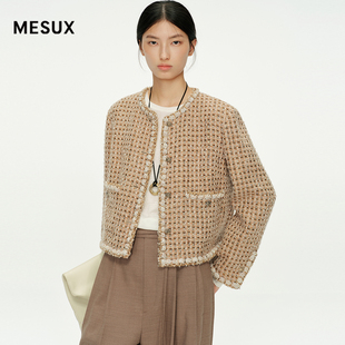 MESUX米岫25冬绵羊毛混纺亮丝格纹微宽松小香风短款外套MNWUH104