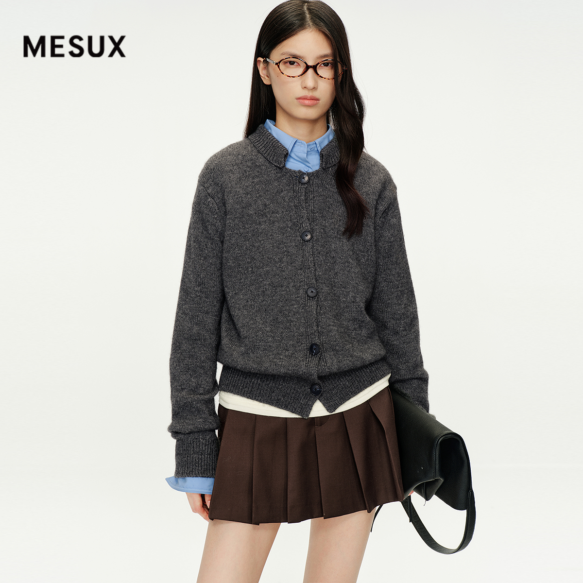 MESUX米岫25秋疗愈绒感牦牛绒立领松弛针织开衫外套上衣MNFUE522