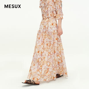 MESUX高定褶皱桑蚕丝棉法式琥珀印花花伞半身裙MNSUS403