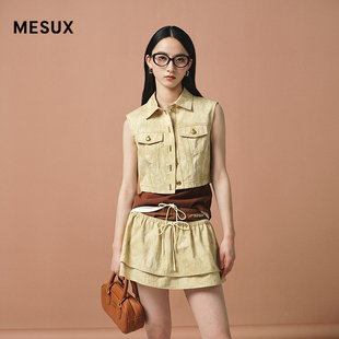 MESUX米岫夏棉亚麻背心工装 翻领复古金属扣短上衣MNMUD202