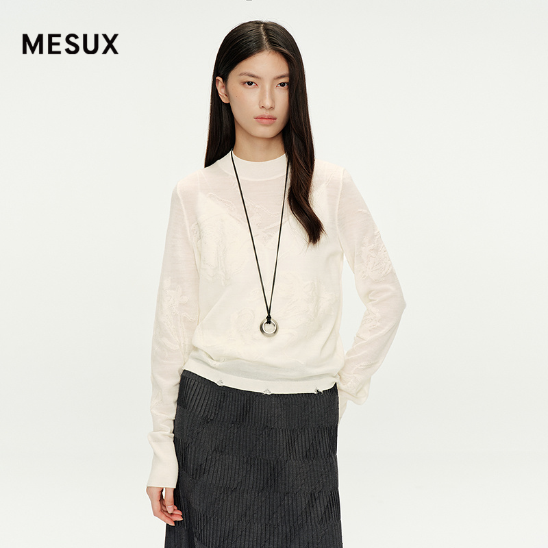 MESUX米岫25秋治愈衫系列提花蕾丝刺绣圆领羊毛针织衫MNFUE428