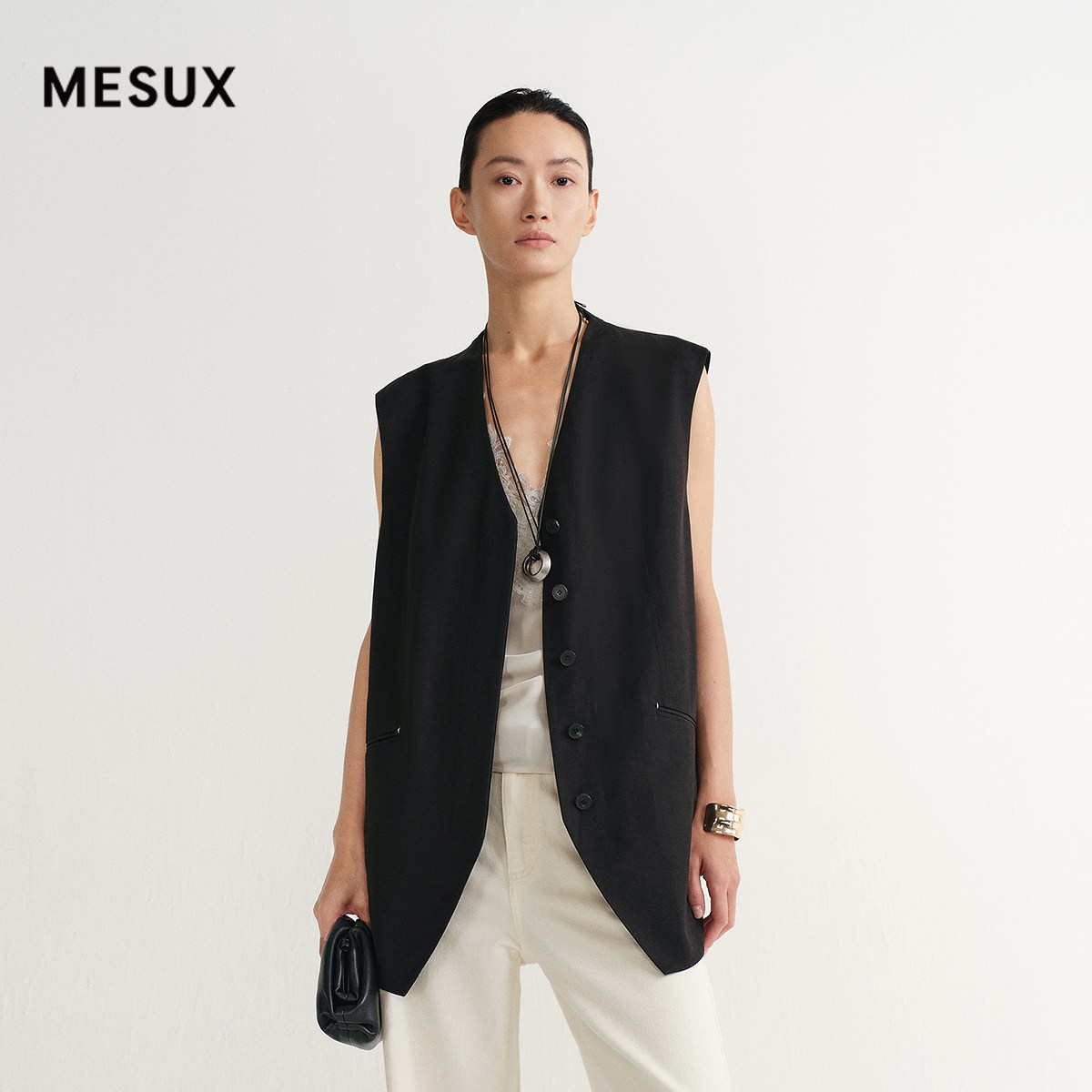 MESUX米岫26春软垂有型亚麻粘胶面料时装撞色线V领马甲MOSUK201,女装/女士精品,常规大码外套,淘宝优惠券,粉丝福利购,淘宝优惠卷