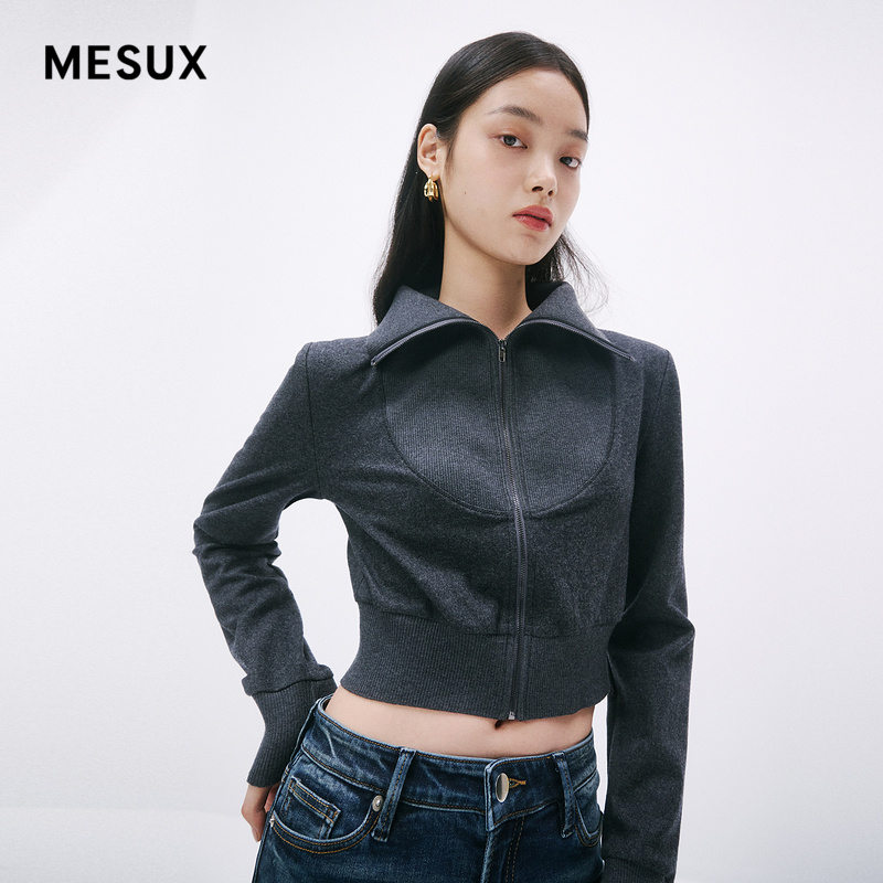 MESUX米岫羊毛翻领上衣拉链美式复古针织衫运动外套MMWUD501