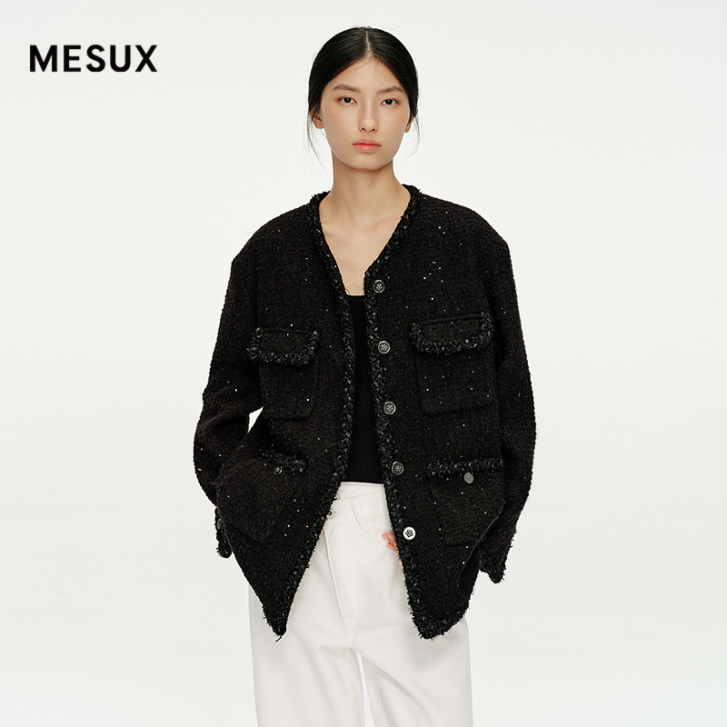 MESUX米岫25冬迪木尔风羊驼毛混纺小香风V领毛呢外套上衣MNWUH606