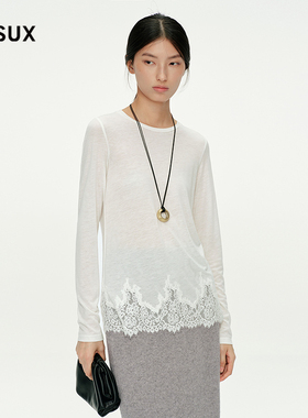 [张淼怡同款]MESUX米岫莱赛尔混纺蕾丝绣花底摆毛针织衫MNWUD502