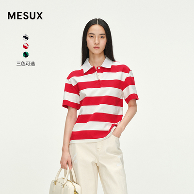 MESUX美式复古条纹Polo领短款休闲T恤MNSDB304