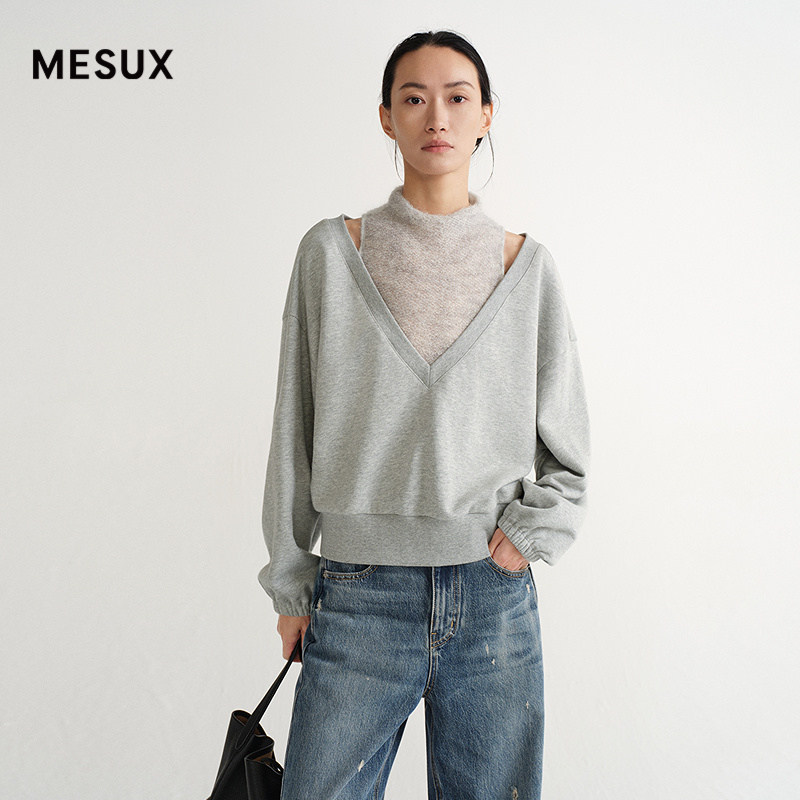 MESUX米岫26春新款云柔马海毛羊毛棉造型感拼接V领卫衣MOS