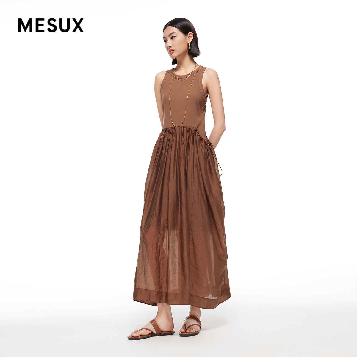 MESUX米岫夏新品女无袖长款拼接连衣裙背心裙MMMUO301