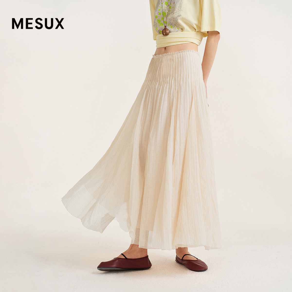 MESUX米岫26夏轻盈凉感雪纺  立体风琴褶A字裙摆百褶半裙MOMUS418