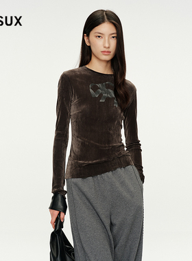 MESUX米岫25秋植绒绒感蝴蝶结刺绣修身圆领长袖T恤上衣MNFUD508