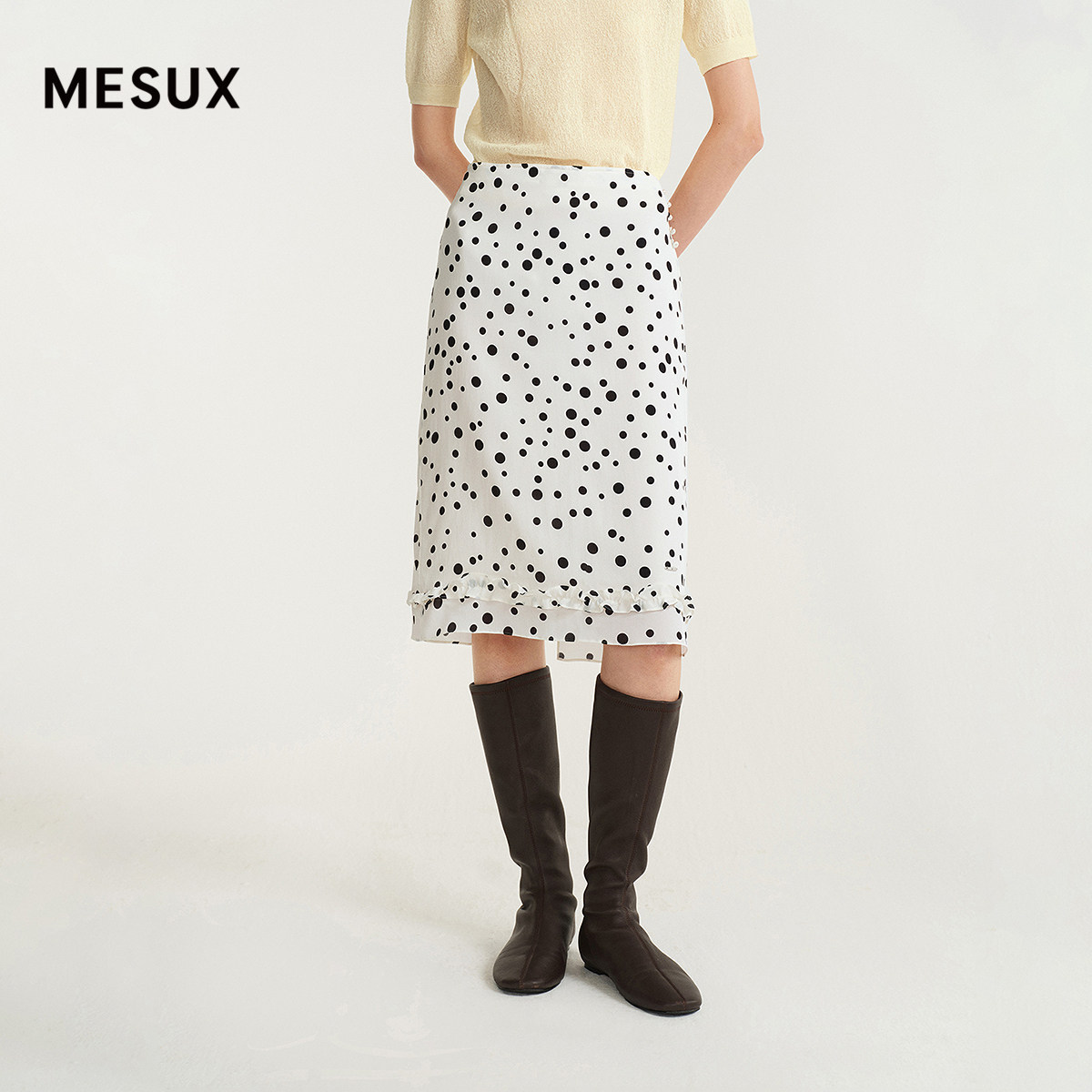 MESUX米岫26夏轻薄错落波点印花气质百搭90S复古开衩中裙MOMUS312