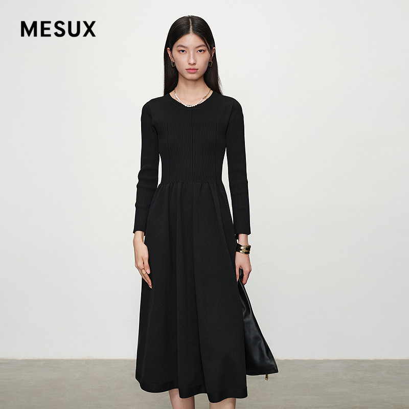 MESUX米岫25新品轻柔针织拼接中低腰塔裙长裙黑色MNSUE6