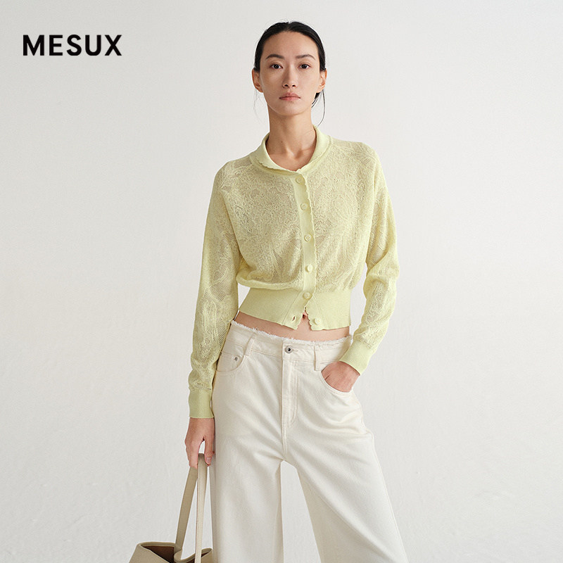 MESUX米岫26春莱赛尔棉氛围感蕾丝提花花瓣娃娃领开衫MOSUE508