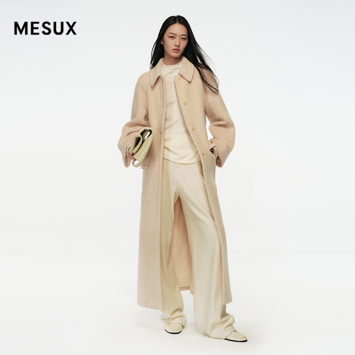 MESUX米岫25冬绵羊毛羊驼毛混纺宽松长款翻领毛呢大衣MNWUI309