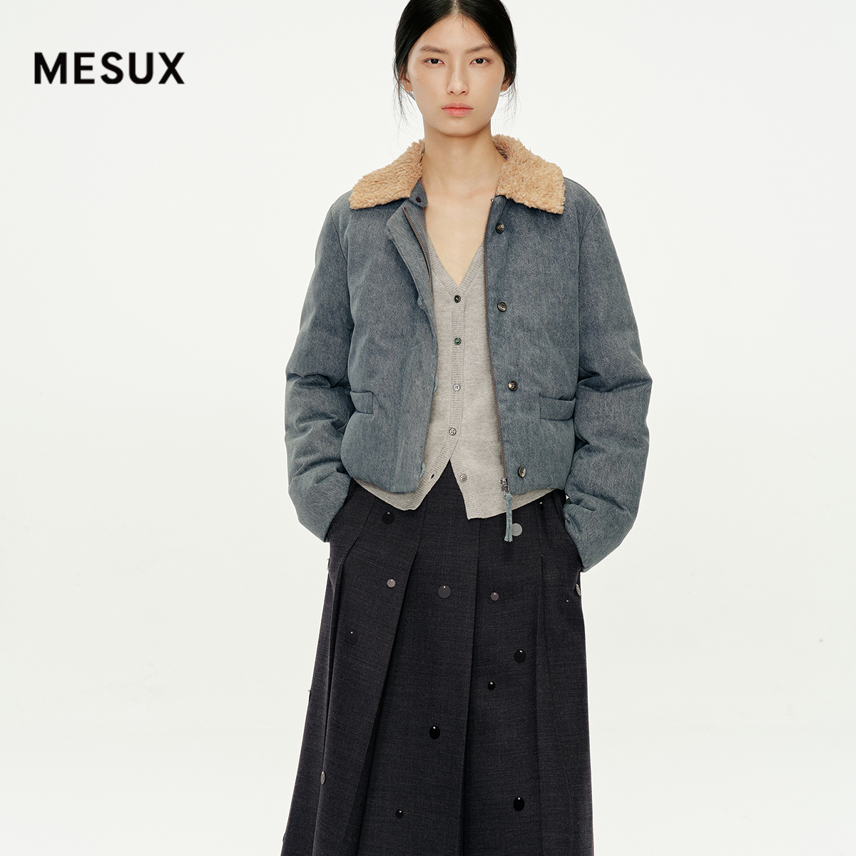 [邢菲同款]MESUX米岫25冬绵羊毛混纺钉珠A字抗皱半身裙MNWUS401