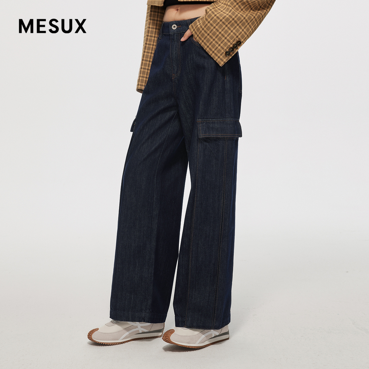 MESUX米岫新品时尚设计棉深蓝工装牛仔裤女MMSUR405