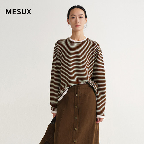 MESUX米岫26春德国扬子羊毛M1U风复古条纹撞色边T恤衫MOSUE410