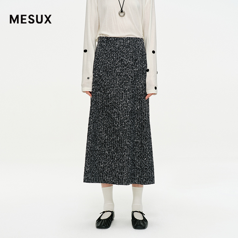 MESUX米岫25冬星河花呢小香风夹花纱细闪珠片小A型半身裙MNWUS404